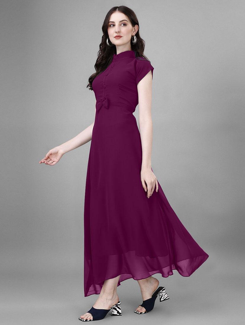women solid mandarin neck fit & flare maxi dress - 21972576 -  Standard Image - 1