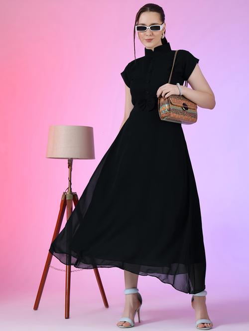 women solid mandarin neck fit & flare maxi dress - 21972584 -  Standard Image - 0