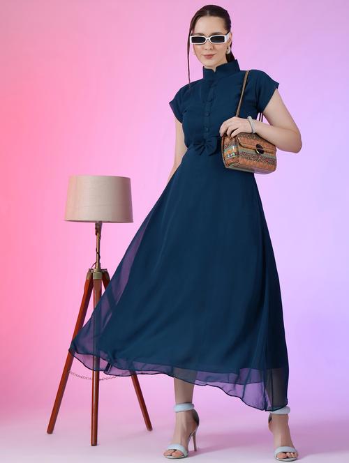 women solid mandarin neck fit & flare maxi dress - 21972585 -  Standard Image - 0