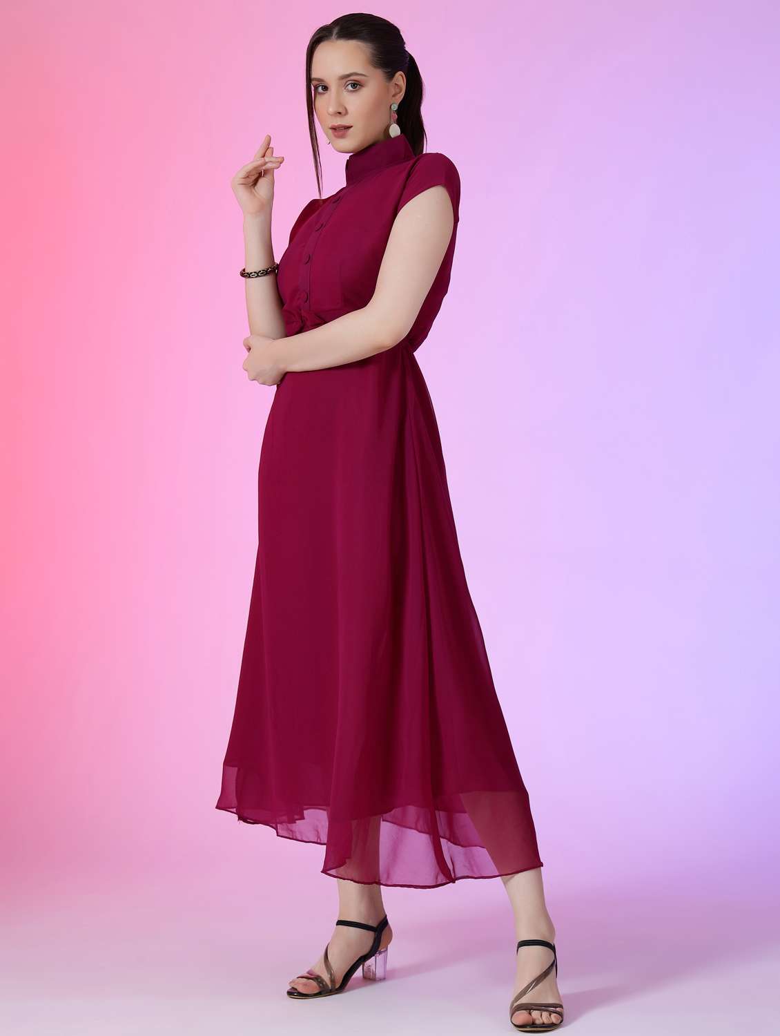 women solid mandarin neck fit & flare maxi dress - 21972586 - Standard Image - 1