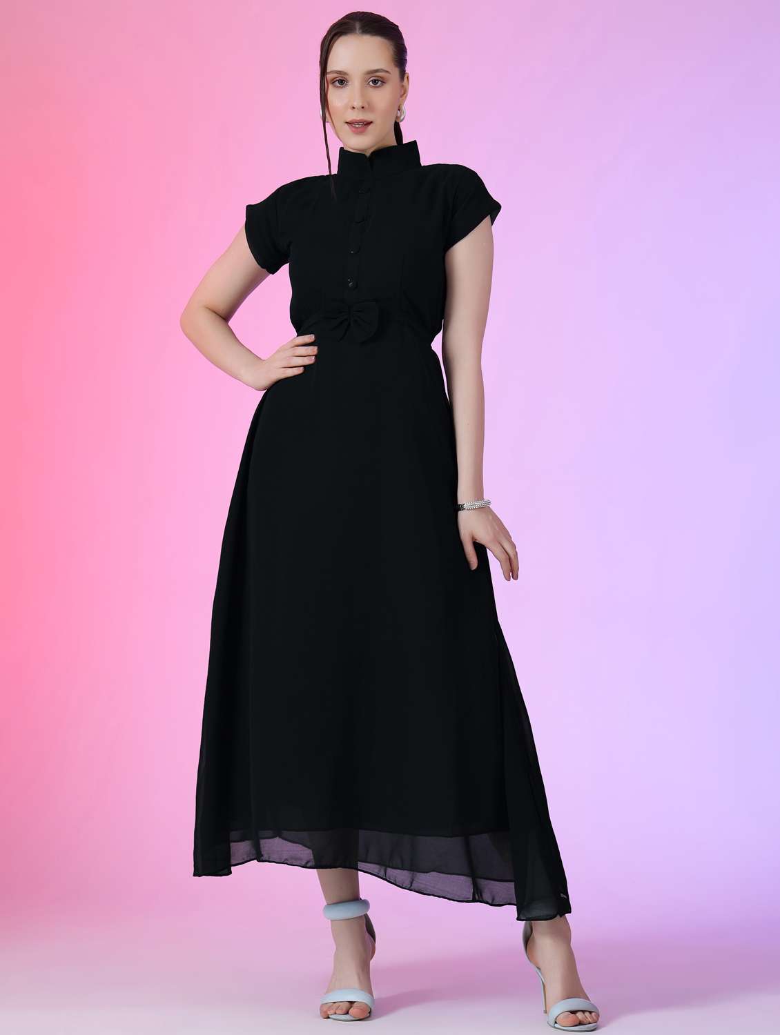 women solid mandarin neck fit & flare maxi dress