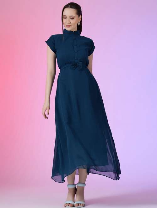 women solid mandarin neck fit & flare maxi dress - 21972591 -  Standard Image - 0