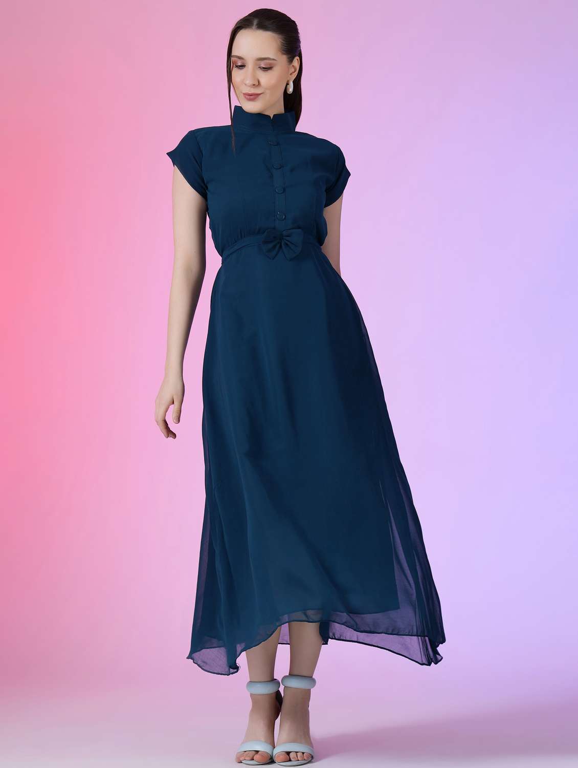 women solid mandarin neck fit & flare maxi dress