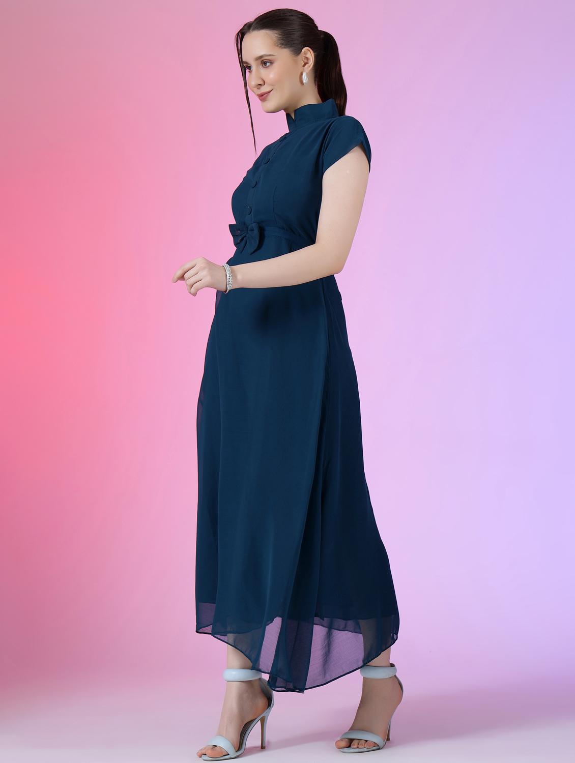 women solid mandarin neck fit & flare maxi dress - 21972591 - Standard Image - 1