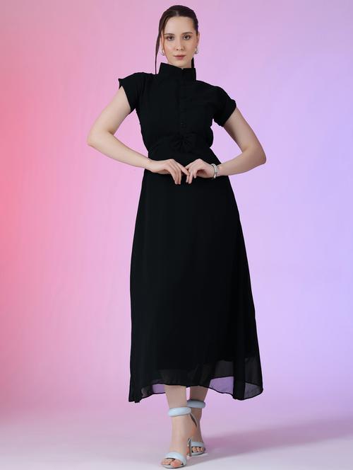 women solid mandarin neck fit & flare maxi dress - 21972596 -  Standard Image - 0