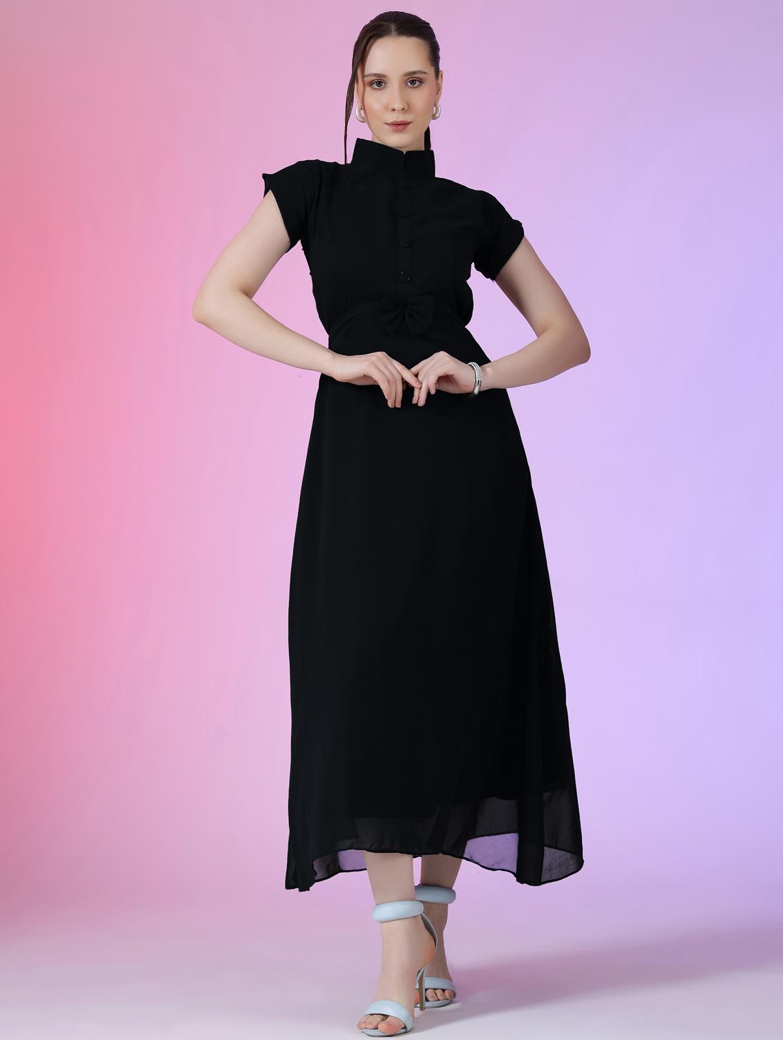women solid mandarin neck fit & flare maxi dress - 21972596 -  Zoom Image - 0