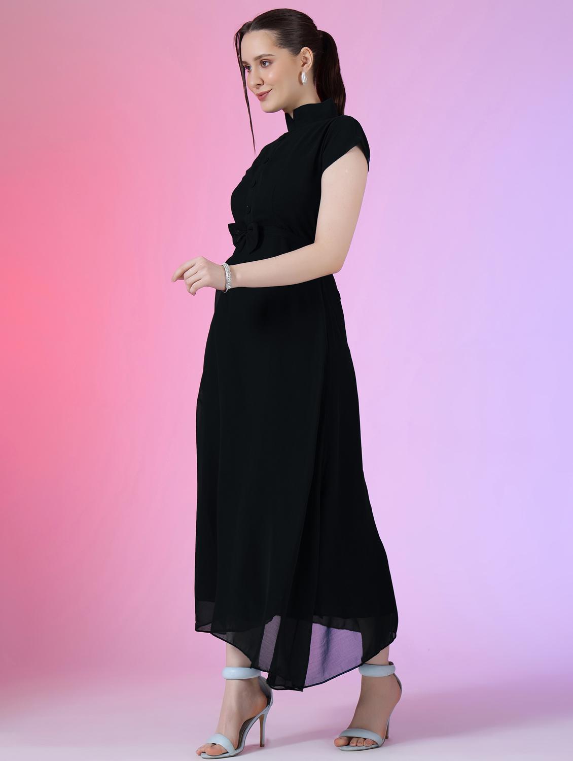 women solid mandarin neck fit & flare maxi dress - 21972596 - Standard Image - 1