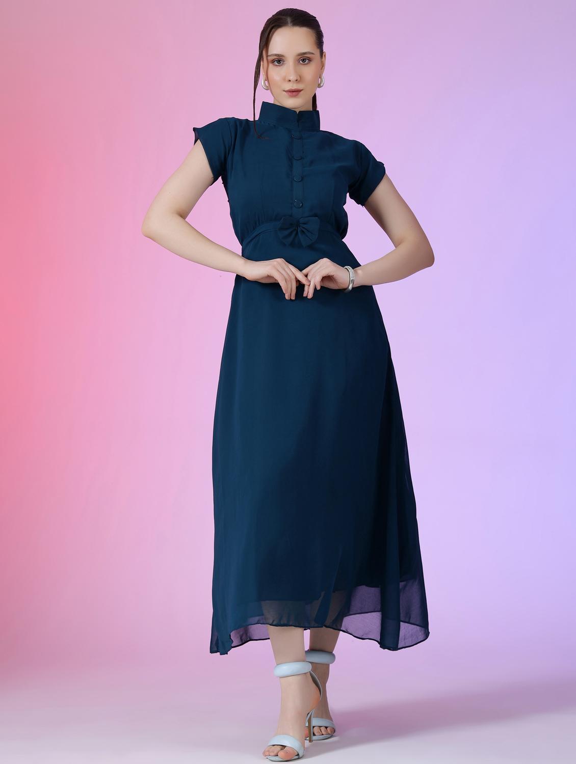 women solid mandarin neck fit & flare maxi dress - 21972597 - Zoom Image - 0