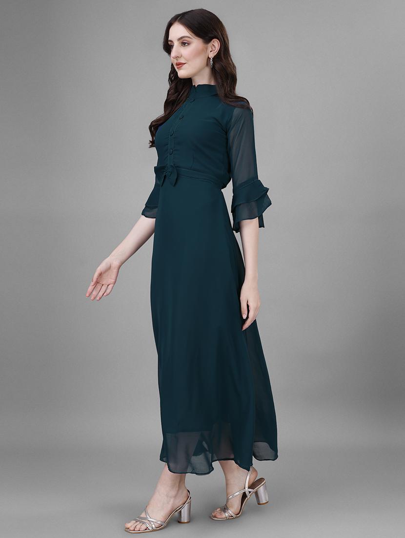 women solid mandarin neck fit & flare dress - 21972606 - Standard Image - 1