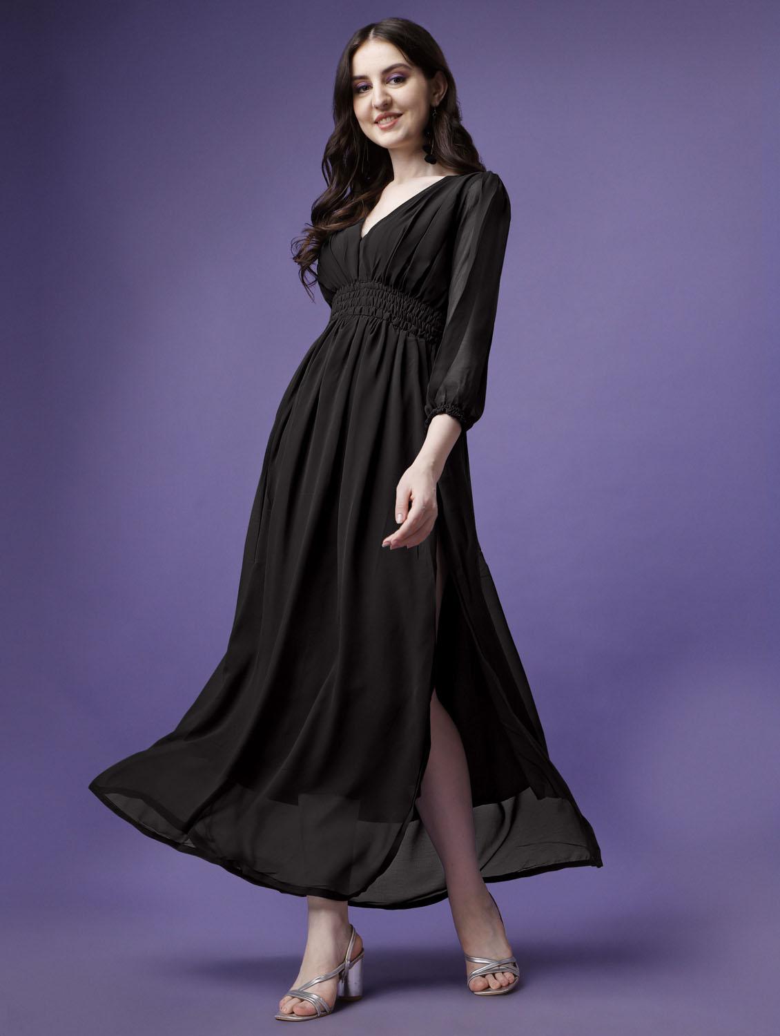 women solid puff sleeve fit & flare maxi dress - 21972621 - Standard Image - 1