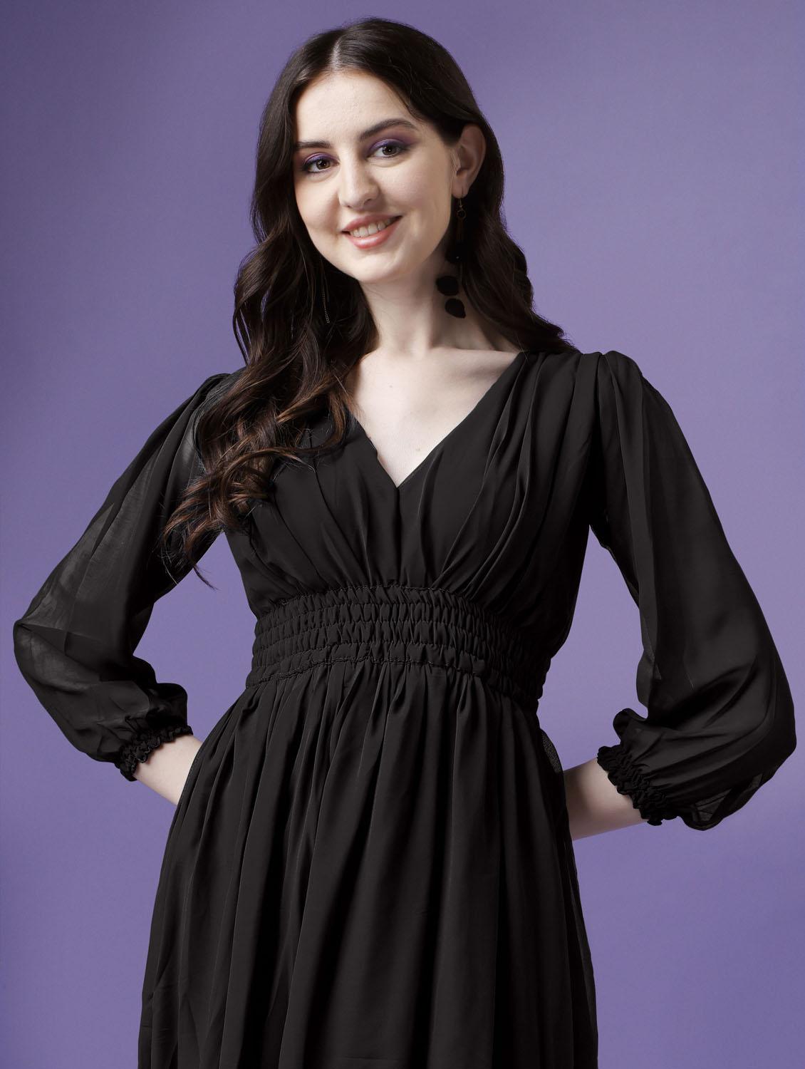 women solid puff sleeve fit & flare maxi dress - 21972621 - Standard Image - 4