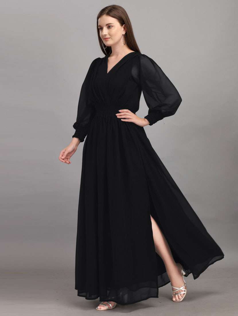 women solid puff sleeve fit & flare maxi dress - 21972623 - Standard Image - 1
