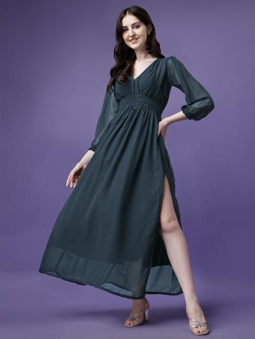 women solid puff sleeve fit & flare maxi dress - 21972626 - Standard Image - 0
