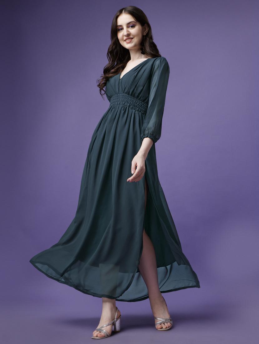women solid puff sleeve fit & flare maxi dress - 21972626 -  Standard Image - 1