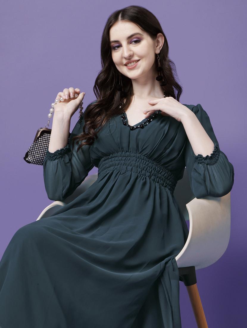 women solid puff sleeve fit & flare maxi dress - 21972626 - Standard Image - 4