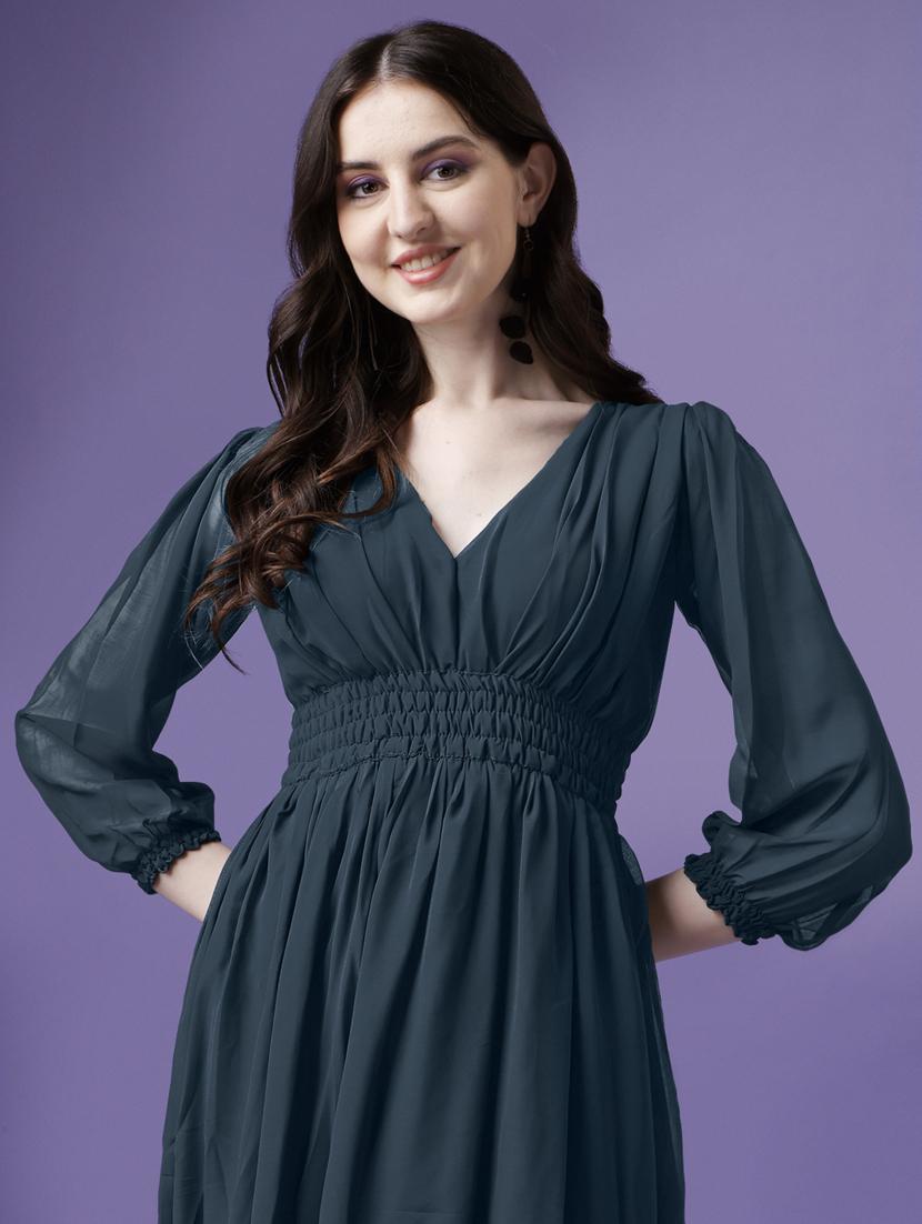 women solid puff sleeve fit & flare maxi dress - 21972628 - Standard Image - 4