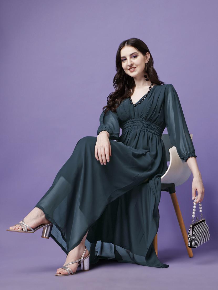 women solid puff sleeve fit & flare maxi dress - 21972632 -  Zoom Image - 0
