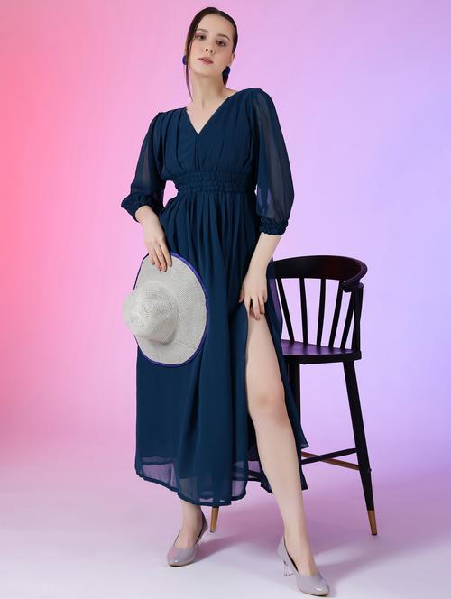women solid puff sleeve fit & flare maxi dress - 21972634 -  Standard Image - 0