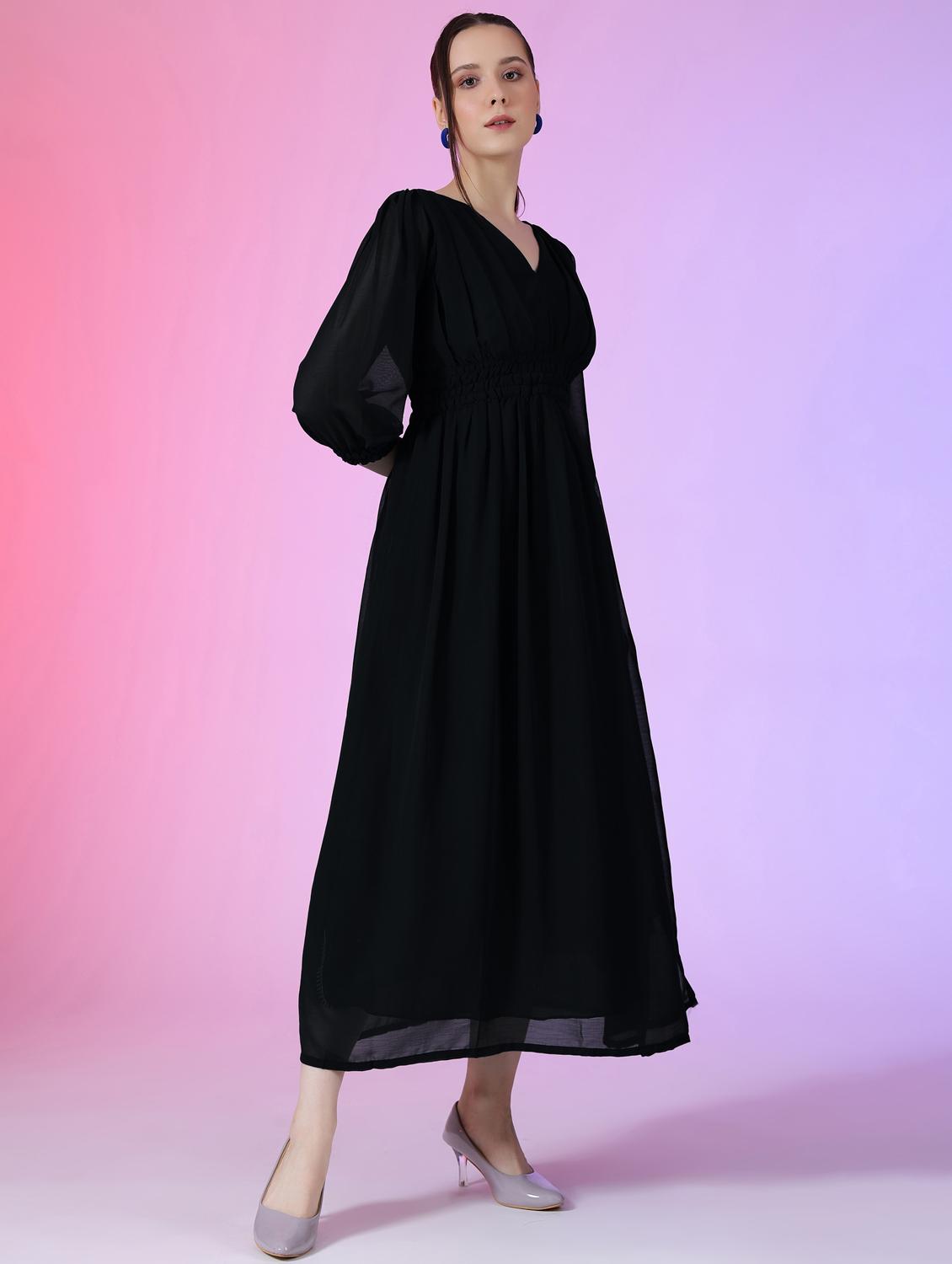 women solid puff sleeve fit & flare maxi dress - 21972637 - Standard Image - 1
