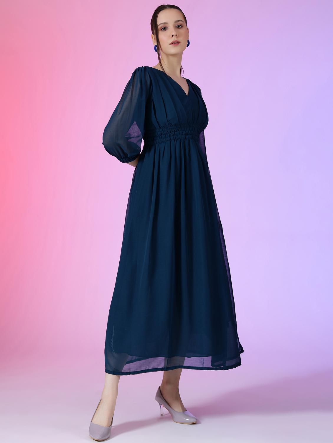 women solid puff sleeve fit & flare maxi dress - 21972638 - Standard Image - 1