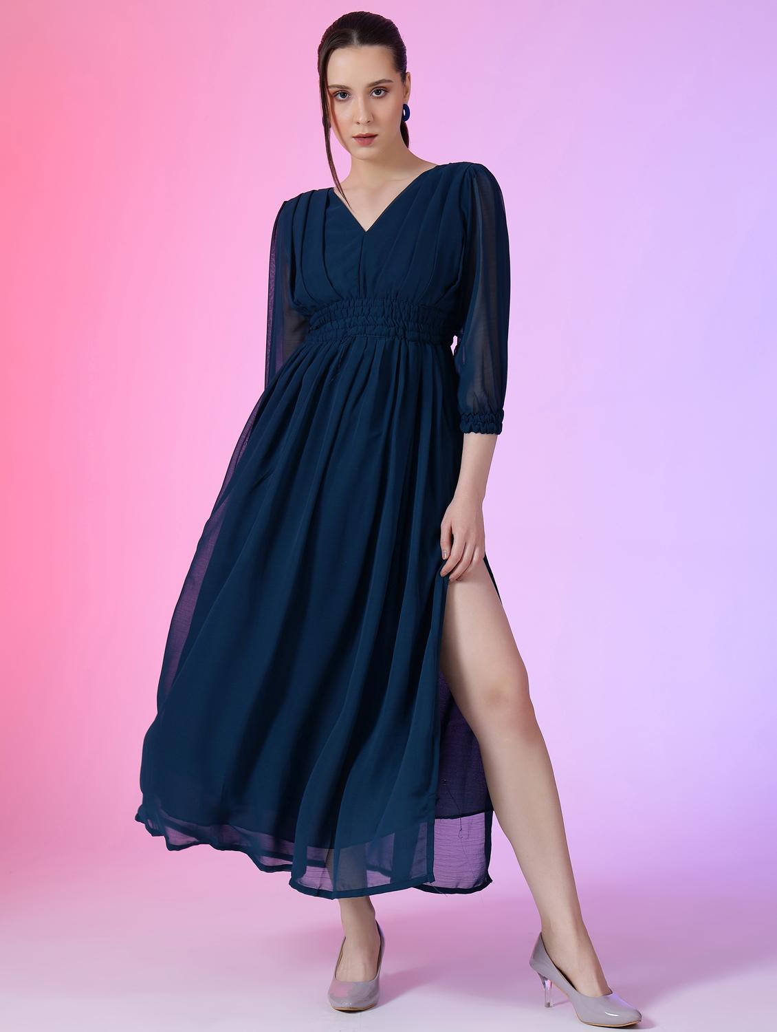women solid puff sleeve fit & flare maxi dress - 21972642 - Zoom Image - 0