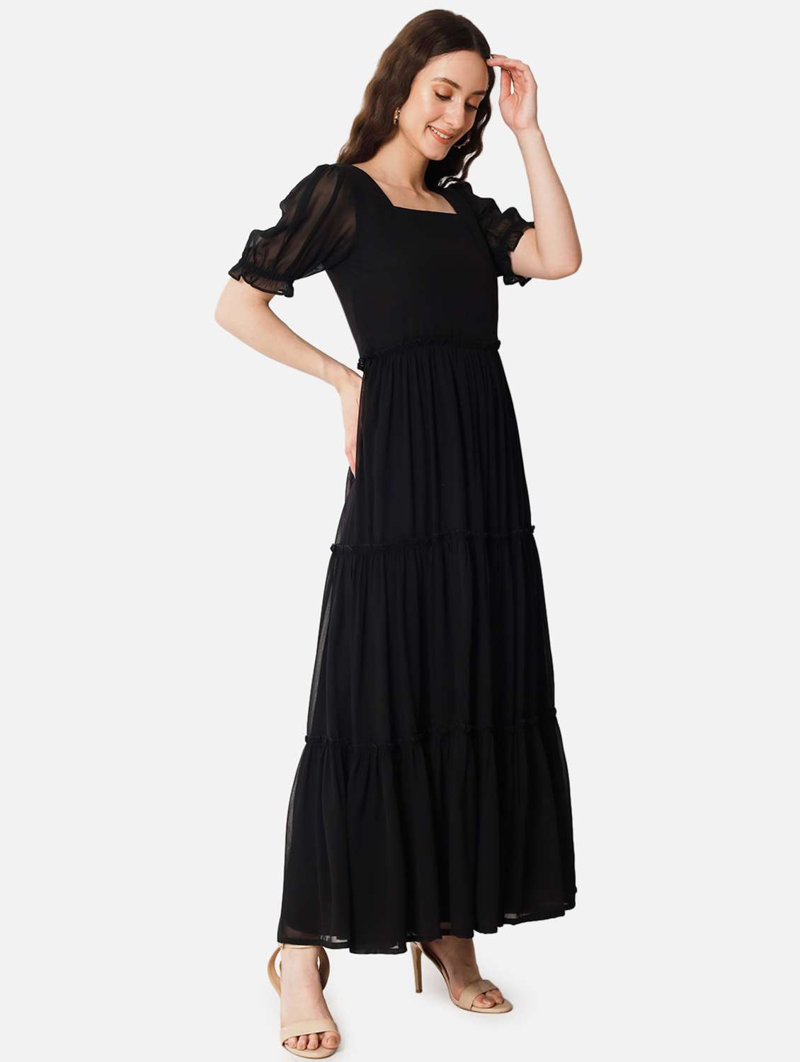 women solid puff sleeve tiered maxi dress - 21972841 - Standard Image - 1