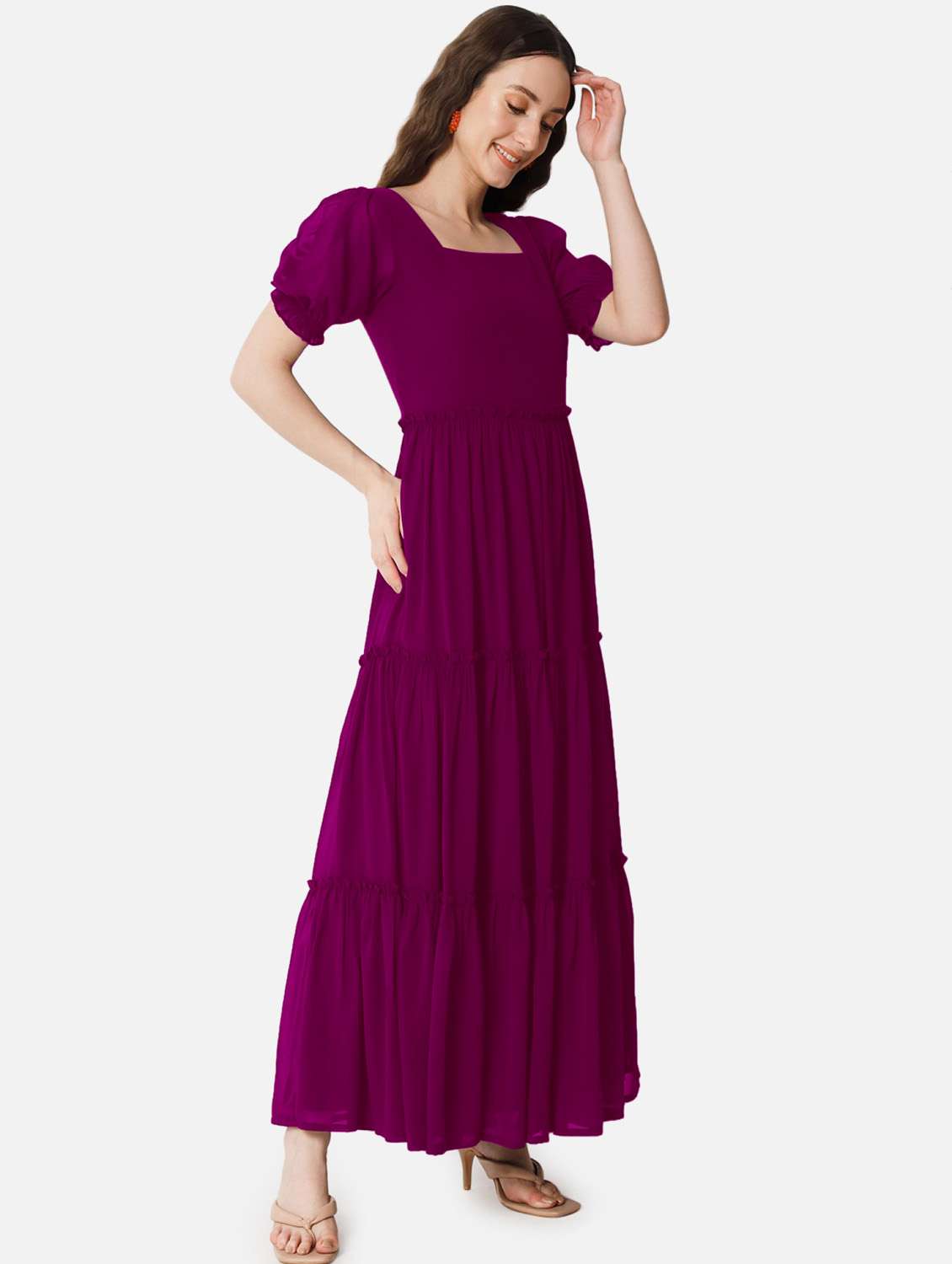 women solid puff sleeve tiered maxi dress - 21972843 - Standard Image - 1