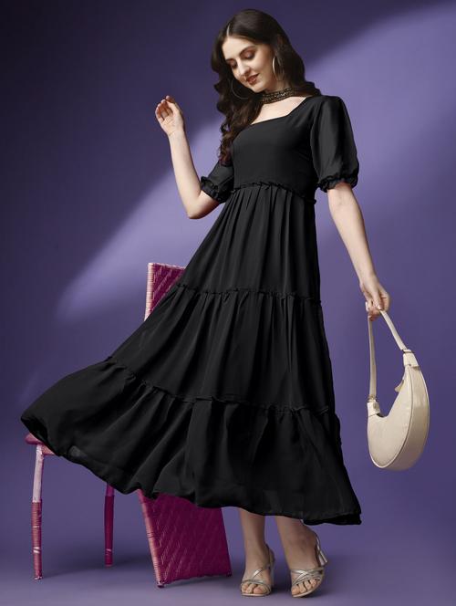 women solid puff sleeve tiered maxi dress - 21972844 -  Standard Image - 0