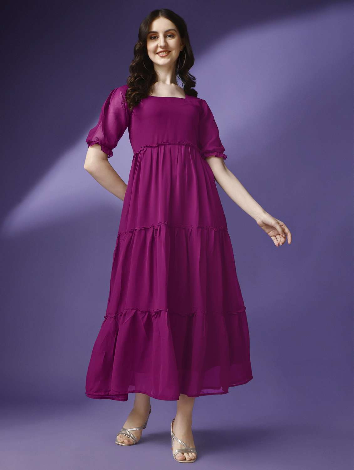 women solid puff sleeve tiered maxi dress - 21972846 - Standard Image - 1