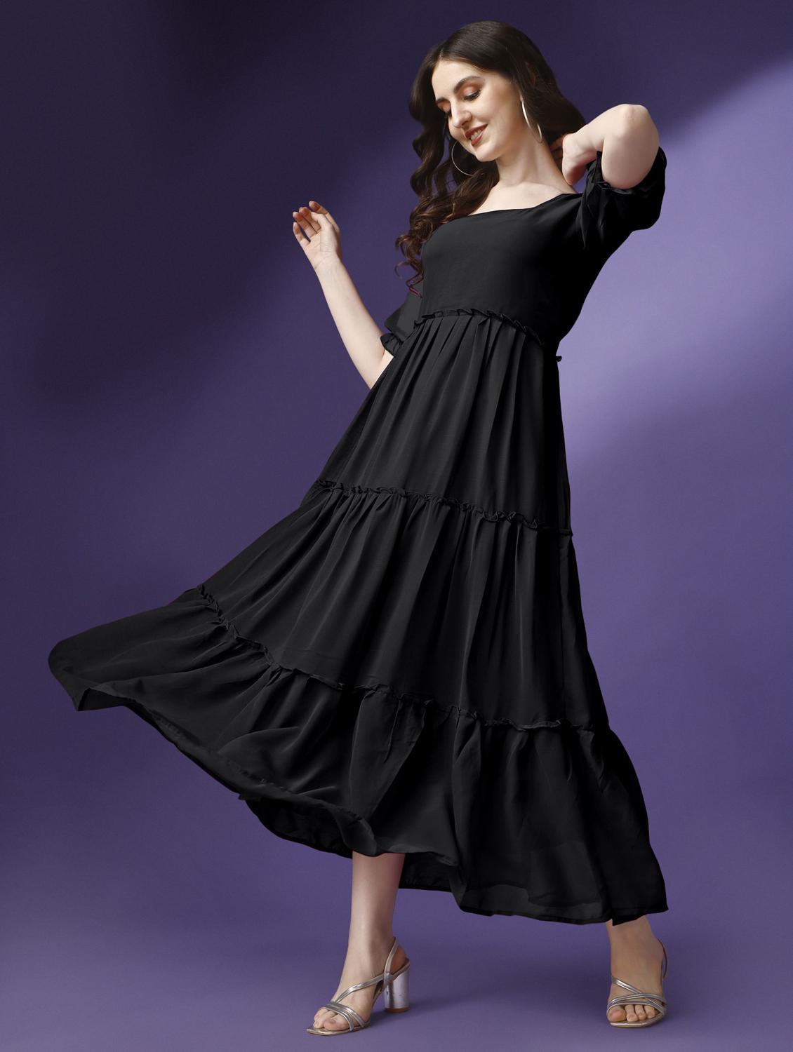 women solid puff sleeve tiered maxi dress - 21972847 -  Standard Image - 1