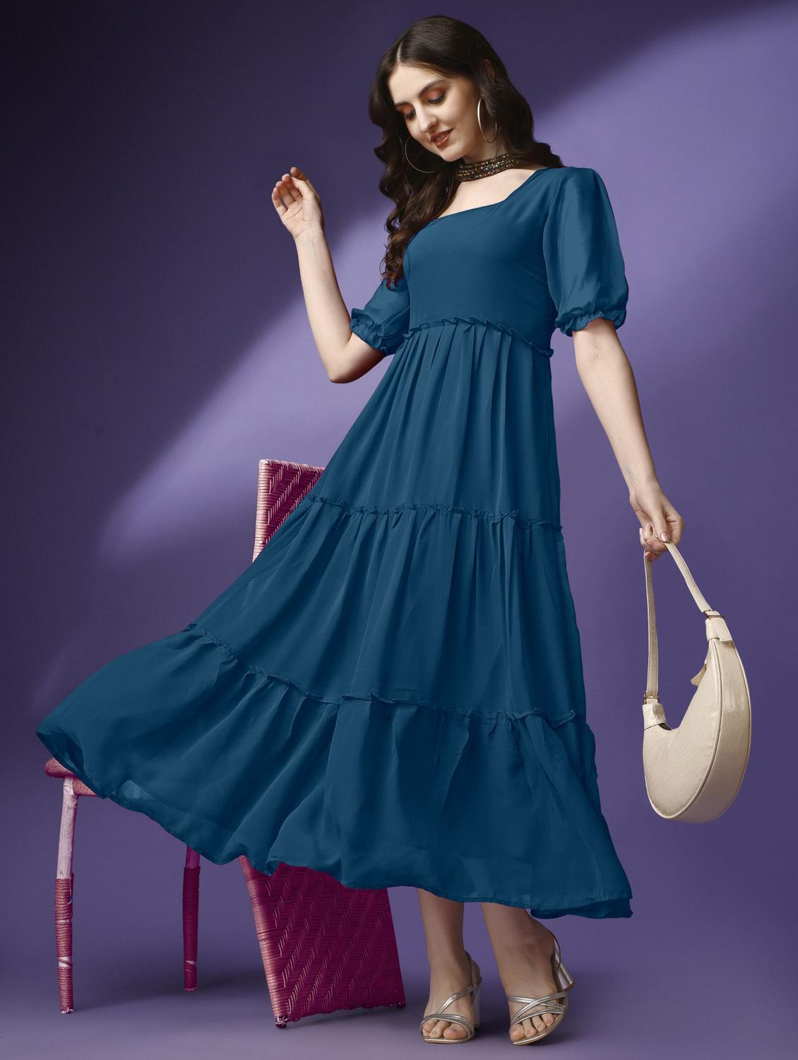 women solid puff sleeve tiered maxi dress - 21972848 -  Zoom Image - 0