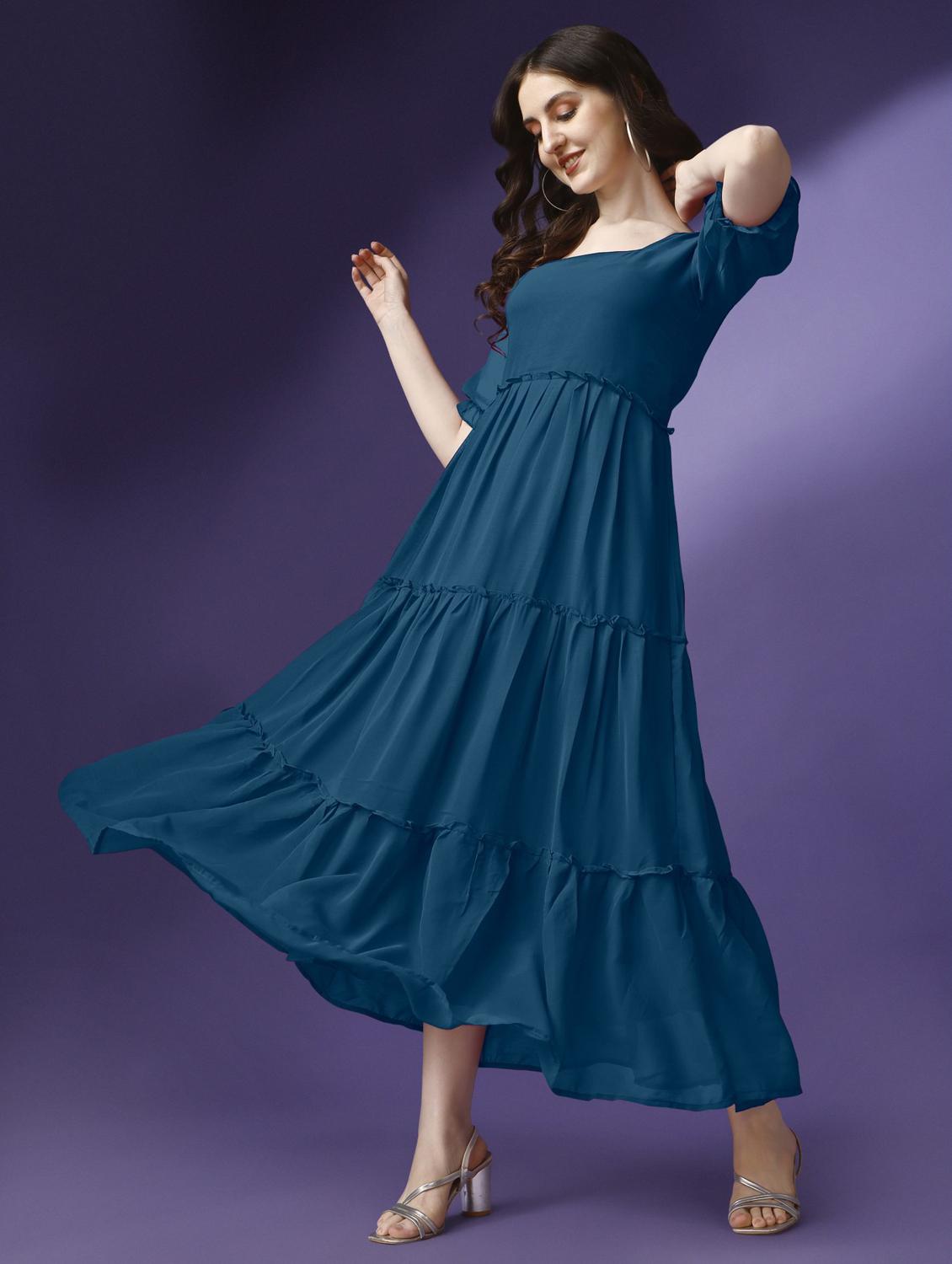 women solid puff sleeve tiered maxi dress - 21972848 -  Standard Image - 1