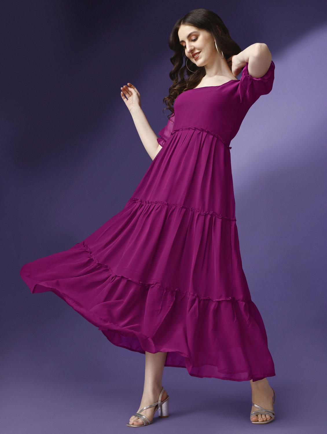 women solid puff sleeve tiered maxi dress - 21972849 - Standard Image - 1