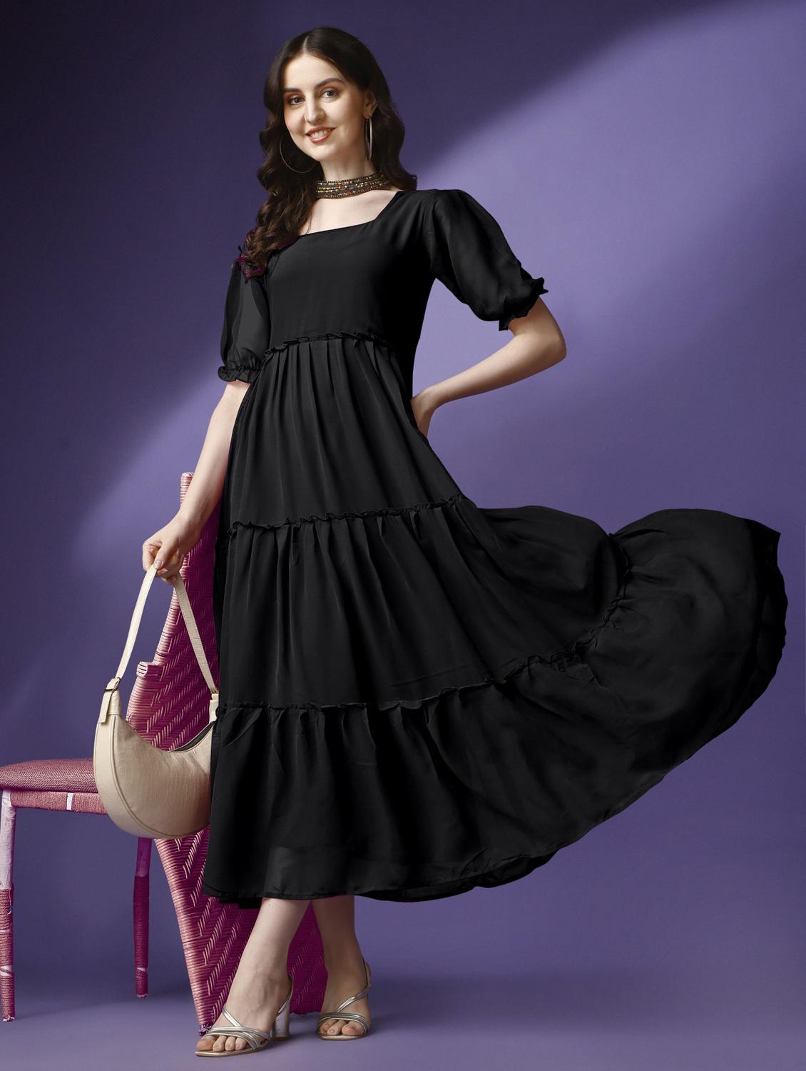 women solid puff sleeve tiered maxi dress - 21972850 - Standard Image - 1