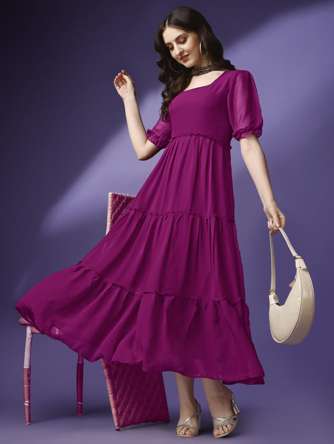women solid puff sleeve tiered maxi dress - 21972852 - Standard Image - 1
