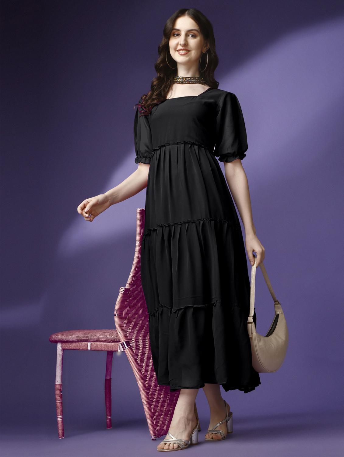 women solid puff sleeve tiered maxi dress - 21972853 -  Standard Image - 1