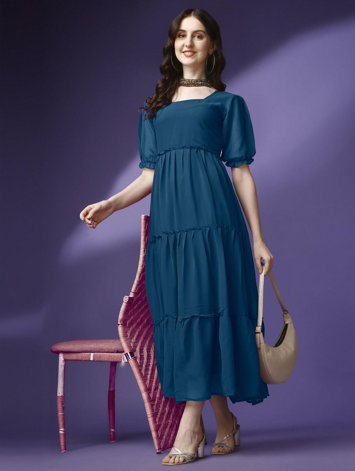 women solid puff sleeve tiered maxi dress - 21972854 -  Standard Image - 1