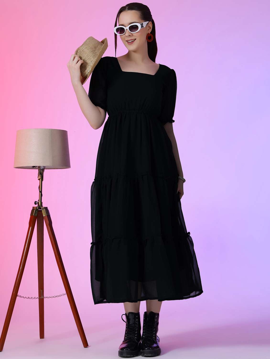 women solid puff sleeve tiered maxi dress