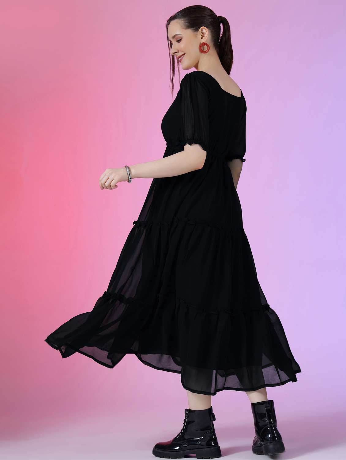 women solid puff sleeve tiered maxi dress - 21972859 -  Standard Image - 1
