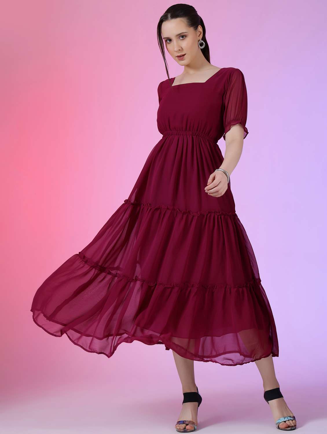 women solid puff sleeve tiered maxi dress - 21972864 - Standard Image - 1