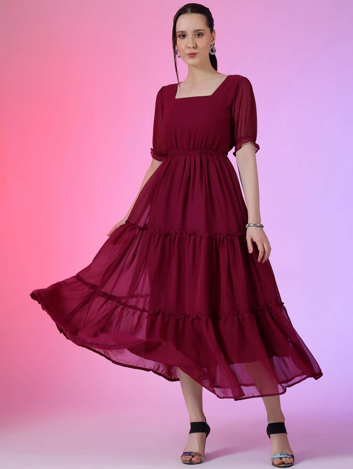 women solid puff sleeve tiered maxi dress - 21972873 - Standard Image - 1