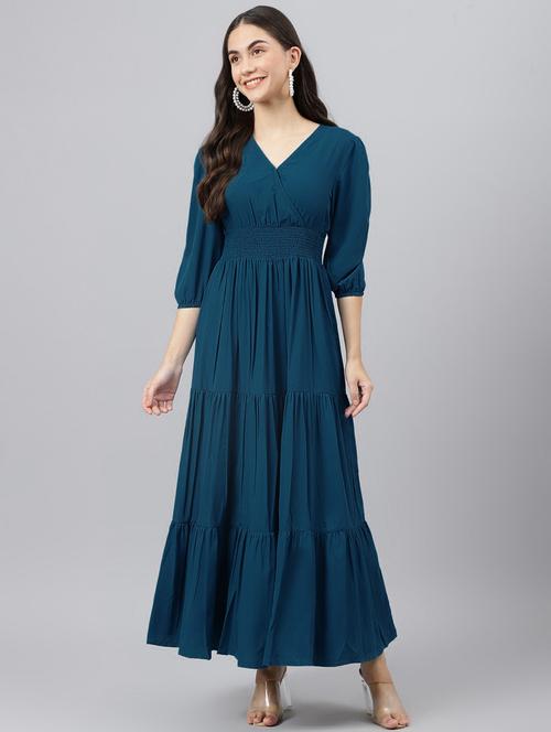 women solid puff sleeve tiered maxi dress - 21972880 - Standard Image - 0