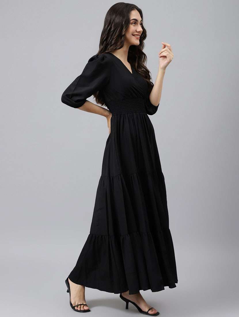 women solid puff sleeve tiered maxi dress - 21972881 -  Standard Image - 1