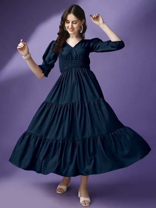 women solid puff sleeve tiered maxi dress - 21972886 - Standard Image - 0