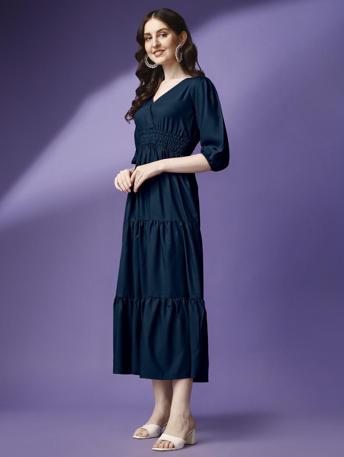 women solid puff sleeve tiered maxi dress - 21972886 - Standard Image - 1