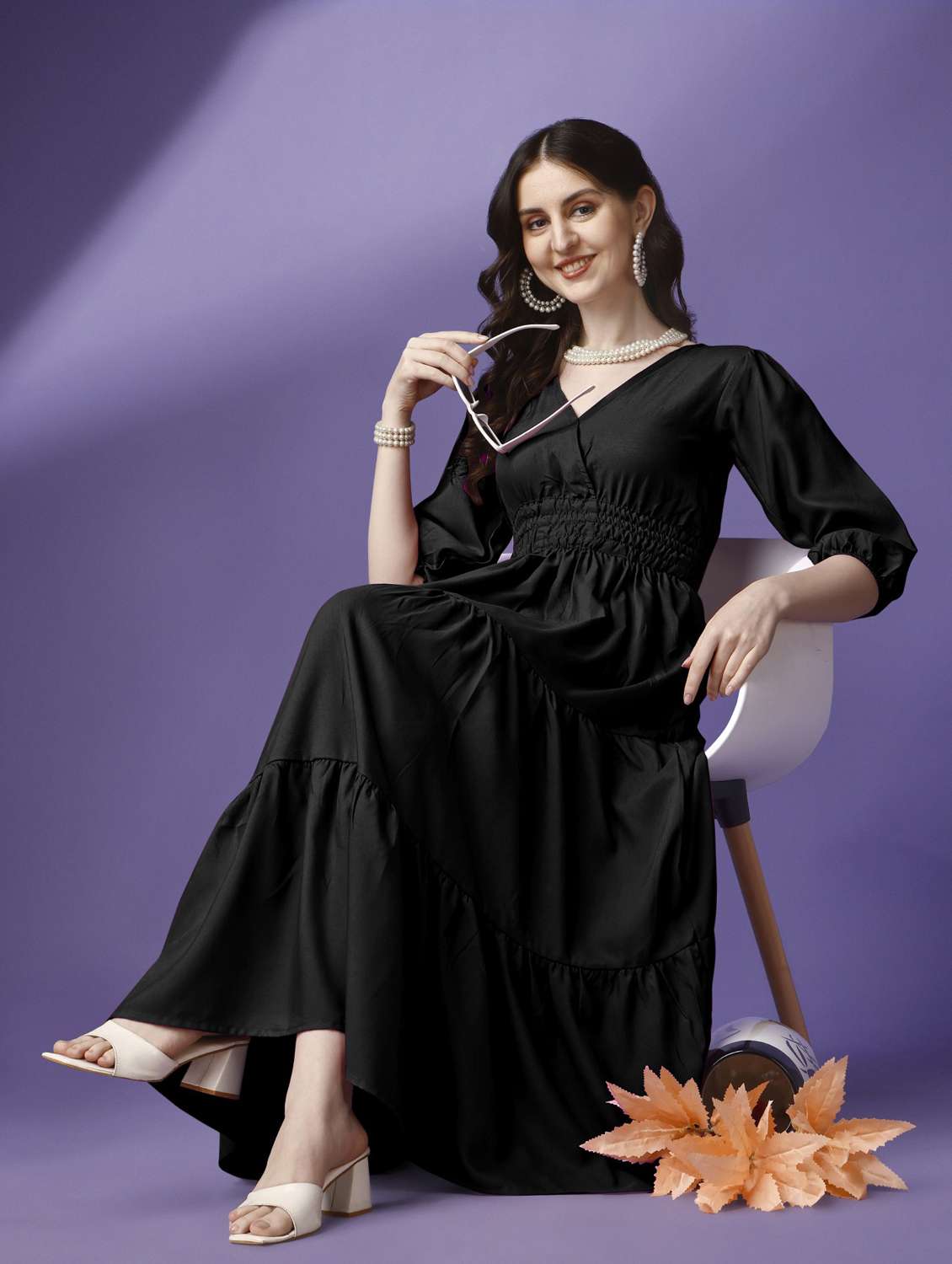 women solid puff sleeve tiered maxi dress