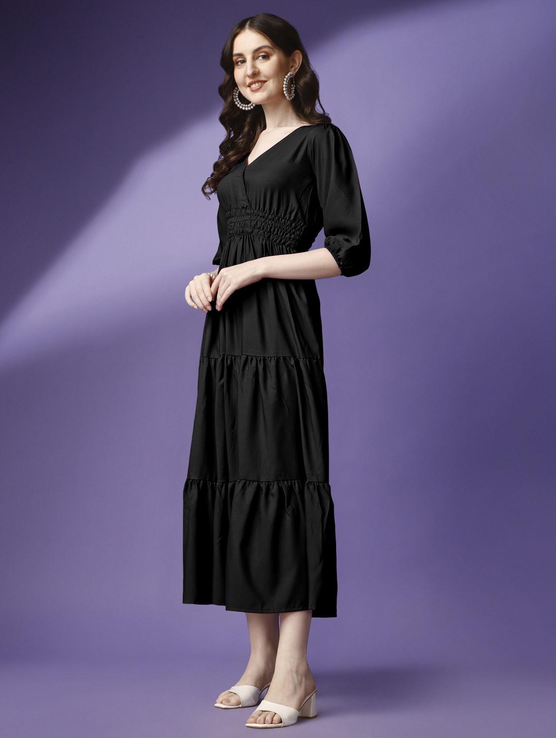 women solid puff sleeve tiered maxi dress - 21972887 - Standard Image - 1