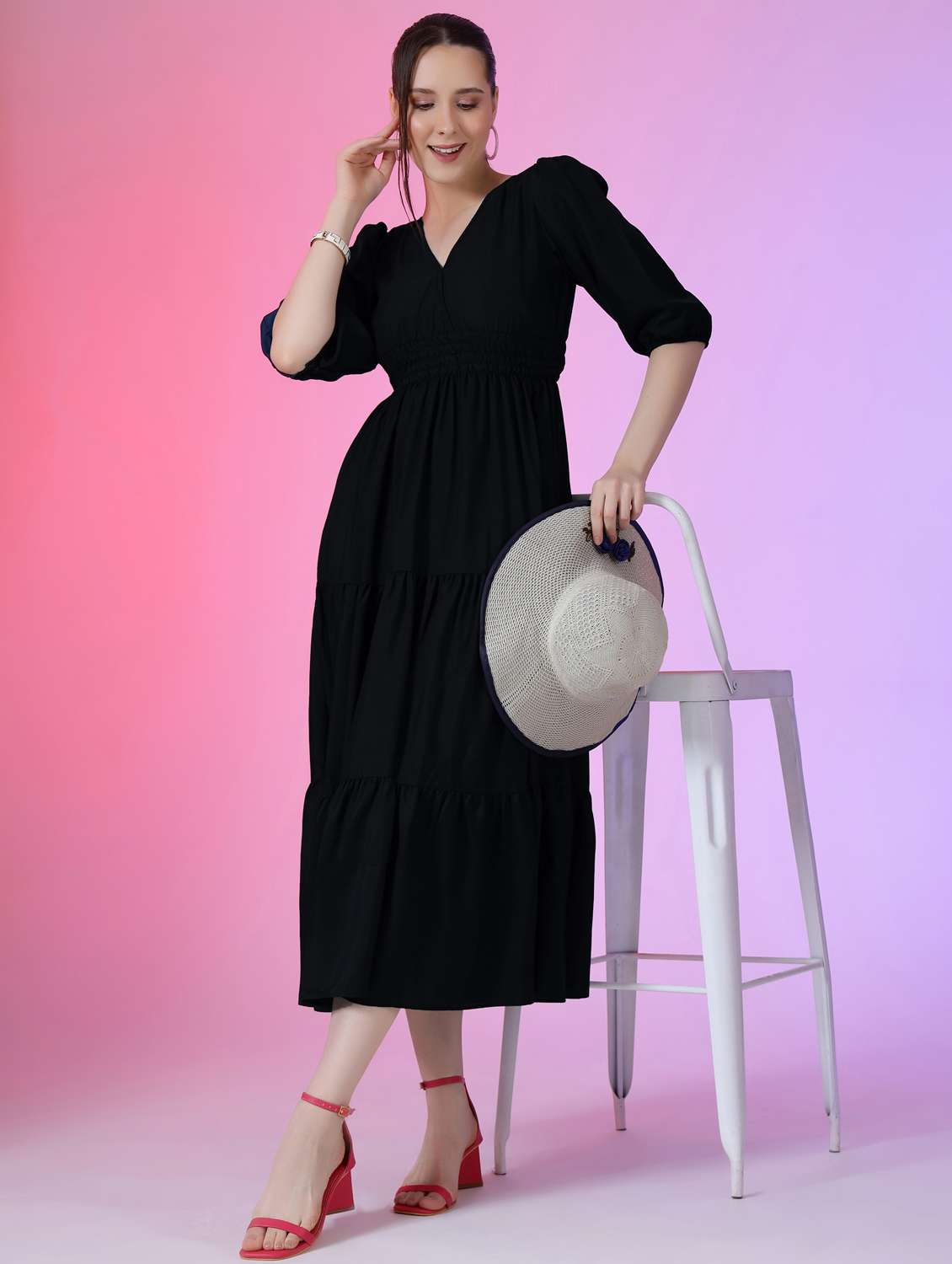 women solid puff sleeve tiered maxi dress