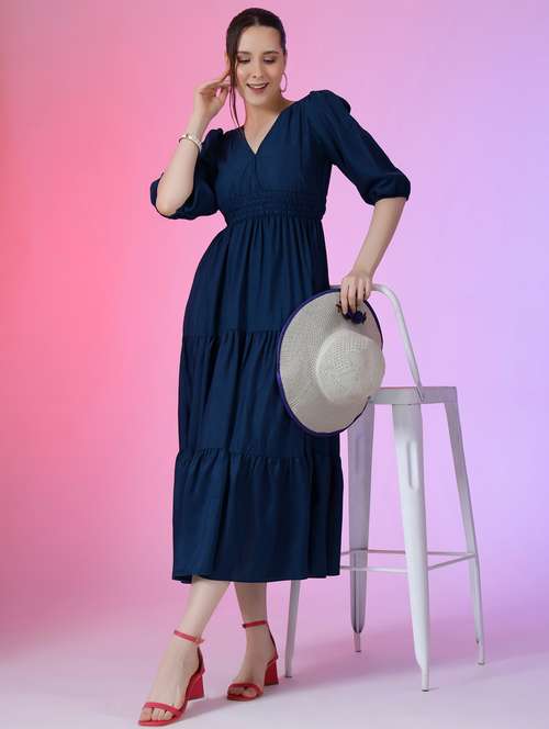 women solid puff sleeve tiered maxi dress - 21972890 - Standard Image - 0
