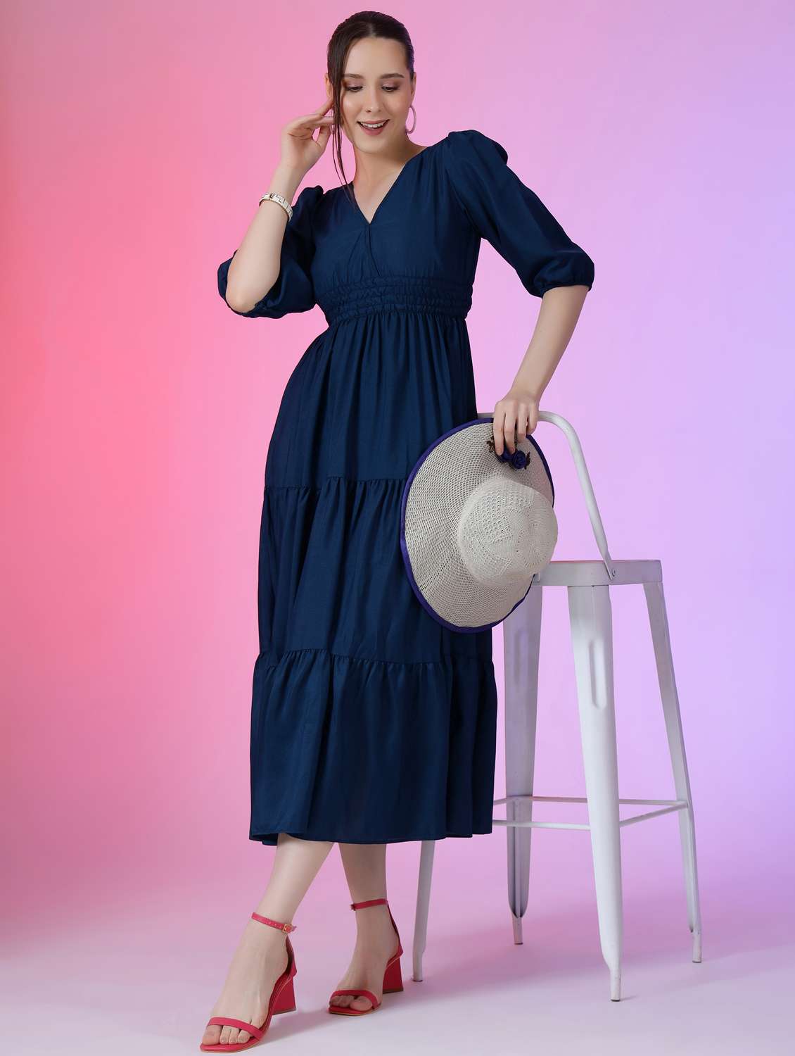 women solid puff sleeve tiered maxi dress - 21972890 - Zoom Image - 0